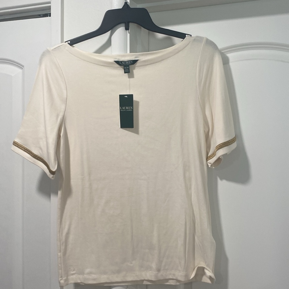 🆕Ralph Lauren Boat Neck Off White T shirt. Size XL. NWT. 3 marks/stains.